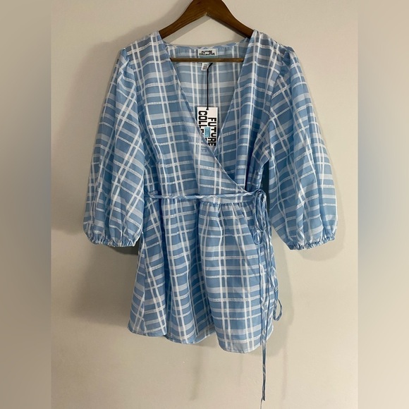 Future Collective - Blue Gingham Wrap Babydoll Blouse - Picture 4 of 14